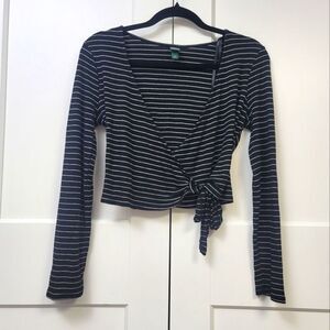 Black and White Wrap Crop Blouse with Tie Front